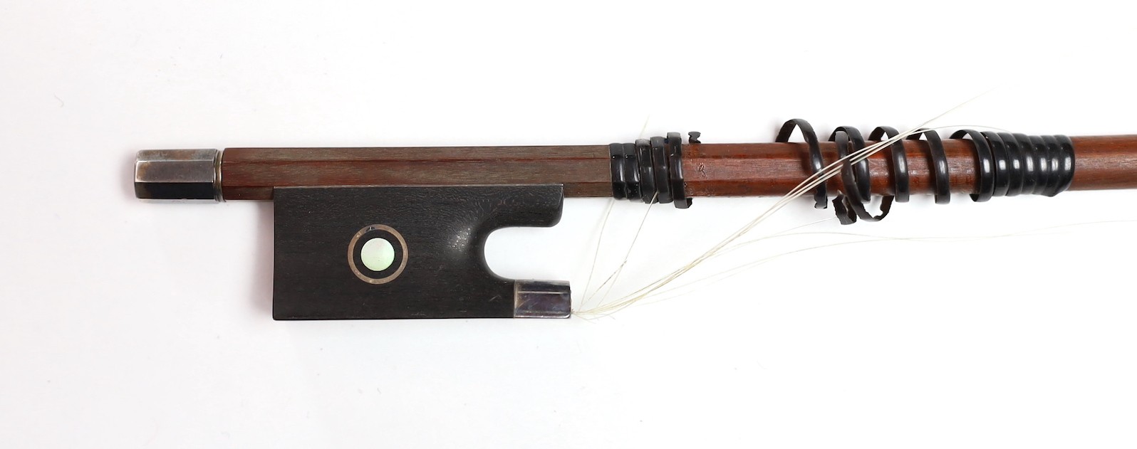 W.E.Hill & Son. An early 20th century violin bow, 74cm, violin back 37cm, overall is 59cm